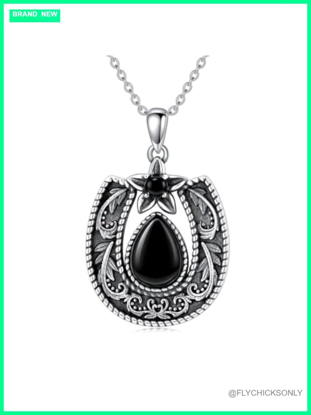 925 Sterling Silver Oxidized Horseshoe Black Onyx Pendant Necklace 18+2 Inch